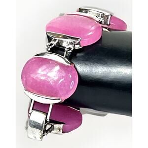 Large Sterling Silver 925 Bracelet Pink Rose Quartz Oval Cabochon Stones- 72.8g
